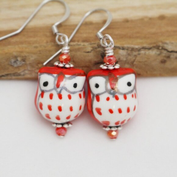Red Hand Painted Porcelain Owl Beaded Earrings - Handmade & Hypoallergenic - Picture 6 of 8